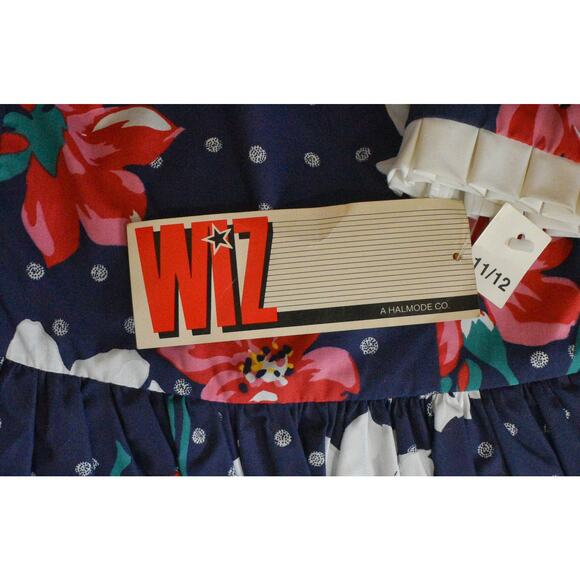 80s WHIZ Navy Multicolor Floral Print Flared Ruffle Peplum Dress Size 11/12 NWT - Picture 5 of 8